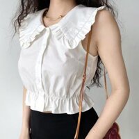 Áo Sơ Mi Cổ Lá Sen Nhún Bèo Trắng Không Tay Dễ Thương Thời Trang Phong Cách Hàn Quốc- Minh Minh Xưởng May
