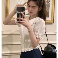 Áo Sơ Mi Cổ Lá Sen Nhún Bèo Trắng Dễ Thương Thời Trang Phong Cách Hàn Quốc- Minh Minh Xưởng May