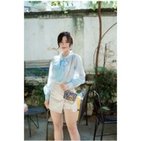 Áo sơ mi cổ nơ xanh pastel