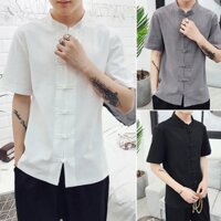 Áo sơ mi cổ nút phong cách Trung Quốc, áo tang suit, áo cotton tay ba phần tư, áo ngắn tay retro cho nam