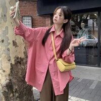 Áo sơ mi cổ POLO màu hồng, áo khoác dài tay dáng rộng mùa thu