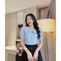 Áo sơ mi cổ sen 2 lá nằm dáng cộc tay cúc ngọc chất tơ xước - áo sơ mi công sở nữ - HÀNG MỚI VỀ