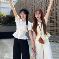 Áo Sơ Mi Cổ Sen Tay Bồng Nhún Eo Mùa Hè Năng Động Cho Nữ