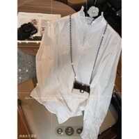 Áo sơ mi cổ tàu bèo đính đá phối tay bo bèo tiểu thư xinh
