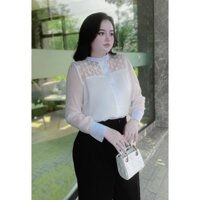 Áo sơ mi cổ tàu dài tay chất tơ nhũ trắng phối ren Bigsize mã SM17