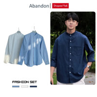 Áo Sơ Mi Cổ Tàu Oxford Tay Dài Nam Nữ Hàn Quốc Cổ Trụ ABANDON Form Rộng 2 Màu Trắng