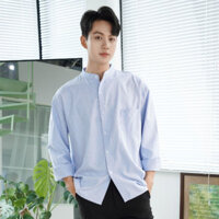 Áo Sơ Mi Cổ Tàu Tay Dài Nam Nữ Hàn Quốc Local Brand Halley Studio Chất Liệu Oxford Form Rộng A12