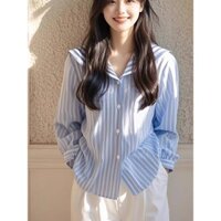Áo sơ mi cổ thủy thủ cho phụ nữ, phong cách preppy, tay dài, sọc dopamine, phối màu, áo khí chất