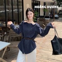 Áo Sơ Mi Cổ Thuyền Dáng Rộng Phối kèm Dây Đai Buộc Bụng Họa Tiết Sọc Dọc Thời Trang Phong Cách Hàn Quốc 2025