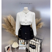 Áo sơ mi cổ tròn đính cườm cúc đá