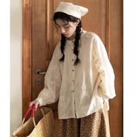 Áo Sơ Mi Cổ Tròn Kết Cấu Cổ Điển Phong Cách Nhật Bản FG Áo Sơ Mi Búp Bê Rộng Rãi Mẫu Xuân Thu Cho Nữ