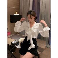 Áo sơ mi cổ V kiểu Pháp mới thời trang, nơ lớn, phiên bản Hàn Quốc, thanh lịch, đa năng, tay đèn lồng, kiểu cơ bản Me Me Oh Match G85Y