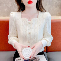 Áo Sơ Mi Cổ Vuông Phiên Bản Hàn Quốc Ren Dài Tay Áo Sơ Mi Nữ Thời Trang Bên Trong Dài Tay Top