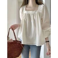 Áo sơ mi cổ vuông phong cách Pháp trẻ trung cho phụ nữ, mùa xuân thu mới, thời trang, dáng rộng