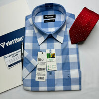 Áo sơ mi cộc tay Việt Tiến kẻ ô 1S6253 có size lớn - Regular vạt ngang