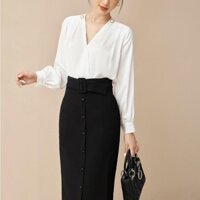 Áo sơ mi công sở - áo lụa cổ V chéo đáp vai đính cúc đáp vai - 121