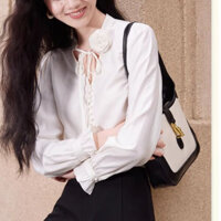 Áo Sơ Mi Công Sở Nữ Cổ Đức thêu hoa séc tay Thanh Lịch, Sơ Mi Thô Màu Trắng Basic Quyên Fashion AA521