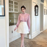 Áo sơ mi công sở nữ cổ tàu đáp ren HINSTORE áo kiểu ren đáp phối tay tơ bồng 2 lớp 255