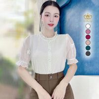 Áo sơ mi công sở nữ kiểu cổ bèo tay phồng đính hoa CHUU A2838