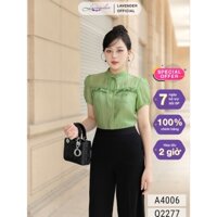 Áo sơ mi công sở nữ LAVENDER cổ tàu màu xanh áo xếp ly phối bèo mềm mại A4006