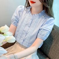 Áo sơ mi công sở nữ Ren tay Loại Đẹp ngắn cổ tàu xếp li xịn xinh Công Sở Nữ Mùa Hè 2024 lên dáng siêu xinh