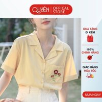 Áo sơ mi công sở nữ thêu hoa cổ 2 ve Quyên fashion SMT007, màu vàng chất thô mềm mịn