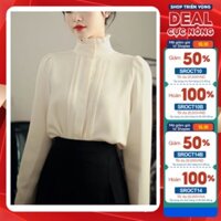 Áo Sơ Mi Công Sở Nữ Thời Trang Quyên Fashion, Mẫu Kiểu Cổ Lọ Kẹp Bèo Tay Dài Màu Trắng AA382