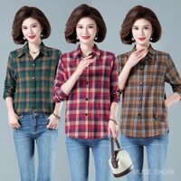 Áo sơ mi cotton dài tay cho mẹ, áo kẻ sọc, kích thước lớn cho phụ nữ trung niên, áo khoác mỏng phong cách mùa xuân thu TCLL