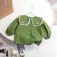 Áo Sơ Mi Cotton Tay Dài Cổ Peter Pan Màu Trơn Phong Cách Hàn Quốc Thời Trang Mùa Thu Cho Bé Gái 1-7 Tuổi