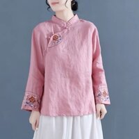 Áo sơ mi cotton và vải lanh dài tay Trung Quốc, quần áo mùa hè xuân thu, áo xếp nếp chéo cổ điển phong cách Trung Quốc, quần áo trà thêu phong cách dân tộc