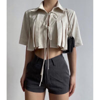 Áo sơ mi croptop cột dây màu kem muối tiêu