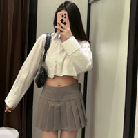 Áo Sơ Mi Croptop Dài Tay Có Túi, Áo Sơ Mi ZaRa Kẻ Xanh