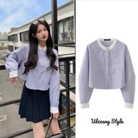Áo sơ mi croptop kẻ sọc xanh dài tay Ulzzang Hàn Quốc, Áo sơ mi cổ trụ đi học đi làm xinh A025 - MOLLY HOUSE STORE
