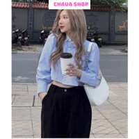 Áo Sơ Mi CropTop Kê Xanh Phối Viền Cổ Trắng CHAVA SHOP