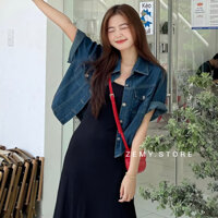 Áo sơ mi croptop nữ denim kiểu crt ngắn tay dáng cộc chất jean