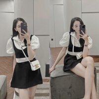 Áo sơ mi croptop tay bồng kèm áo gile chân váy chữ A lưng cao - Sét đồ bộ nữ đi chơi dự tiệc xinh giá rẻ hàn quốc, SUBA