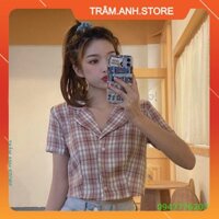 ÁO SƠ MI CROPTOP TAY NGẮN KẺ SỌC CARO THỜI TRANG CHO NỮ - CROPTOP CARO KẺ TÍM ĐEN ĐỎ HỒNG VÀNG XANH 👗 👑