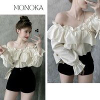 Áo sơ mi croptop trễ vai bèo tiểu thư dài tay Áo kiểu nữ hở vai tay loe dáng ngắn bánh bèo điệu đà lolita T577G MONOKA
