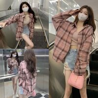 Áo sơ mi dạ kẻ caro hồng form rộng tay bồng thoải mái, Sơ mi thể thao nam nữ unisex cá tính năng động hàn quốc, KENLYEE