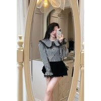 Áo sơ mi dài caro tay diềm ren đen siêu xinh