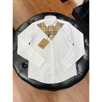 Áo sơ mi dài tay Burberry Trắng trơn phối kẻ sọc Nâu cổ ngực LA on web [ Hàng QC VIP ]