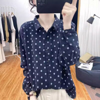 Áo sơ mi dài tay cardigan cổ polo cảm giác thiết kế chấm bi 100% cotton áo trẻ trung cho nữ áo sơ mi mẫu mới thoải mái rộng rãi