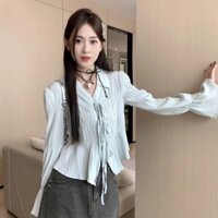 Áo sơ mi dài tay cổ chữ v có dây buộc kiểu Pháp dành cho nữ Thiết kế đầu mùa xuân độc đáo Áo nhỏ20250328