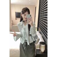 Áo sơ mi dài tay cổ chữ v có dây buộc kiểu Pháp dành cho nữ Thiết kế đầu mùa xuân độc đáo Áo nhỏ