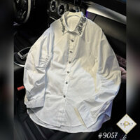 Áo sơ mi dài tay cổ đính đá bông hoa dáng rộng