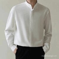 Áo sơ mi dài tay cổ đứng mùa xuân và thu 2025 cho nam, phong cách Trung Quốc mới, vừa vặn, không cần ủi, áo dài tay bằng lụa băng