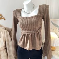 Áo sơ mi dài tay cổ vuông mới Tianchun, tay loe, dáng ôm, mùa thu đông, áo cơ bản, viền búp bê, sexy cho phụ nữ ZCBX