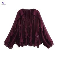 Áo sơ mi dài tay CORSAKI, Áo sơ mi nữ dáng rộng ren, Áo sơ mi nữ công sở cổ chữ V thông thường