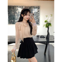 Áo sơ mi dài tay đính cườm công nghiệp nặng cảm giác cao cấp kiểu Pháp, áo voan nữ che bụng rộng rãi thắt nơ mùa thu [cxj]