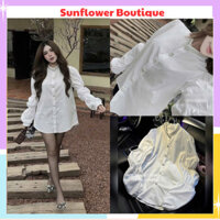 Áo sơ mi dài tay form rộng giấu quần, áo tay bồng, cổ đính đá điểm nhấn sang chảnh hottrend 14496